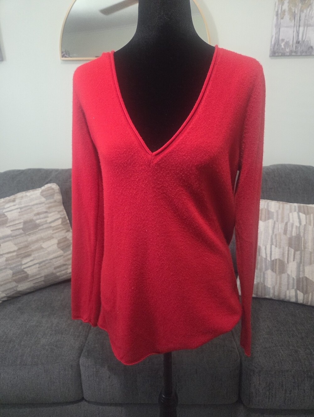 New York & Company Bright Red V-Neck Knit Sweater